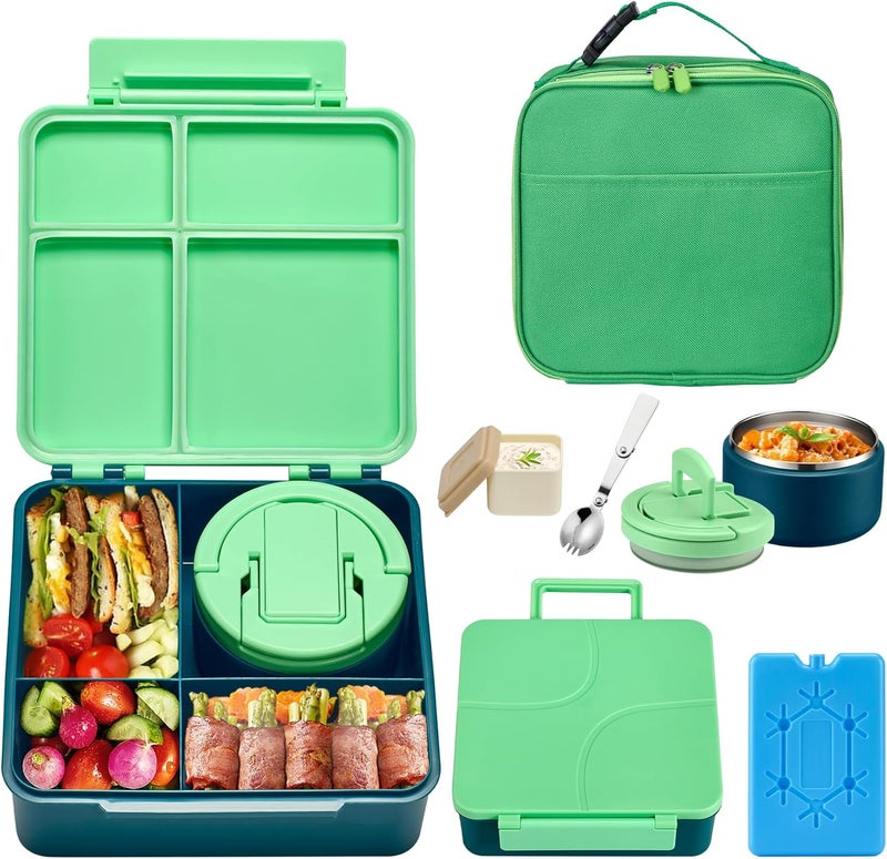 BABHAMNESS Bento Lunch Box with 8oz Soup Thermo,Kids Leakproof 4 Compartment Lunch Food Containers with Sauce Cup and Ice Pack,Kids Thermo Insulated Hot Food Jar and Lunch Bag for School,Trvael-Green - Image 1